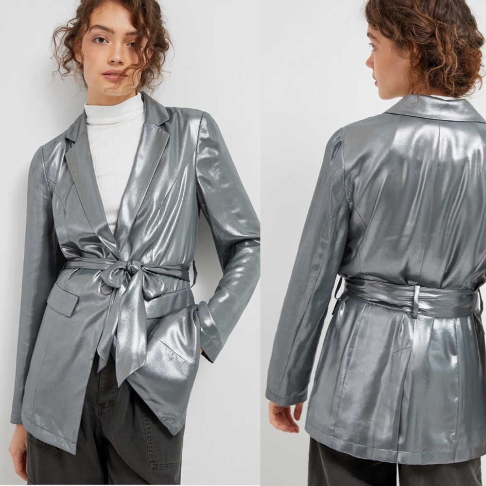 Anthropologie Zada Metallic Silver Belted Blazer Jacket Women’s Statement Size 6